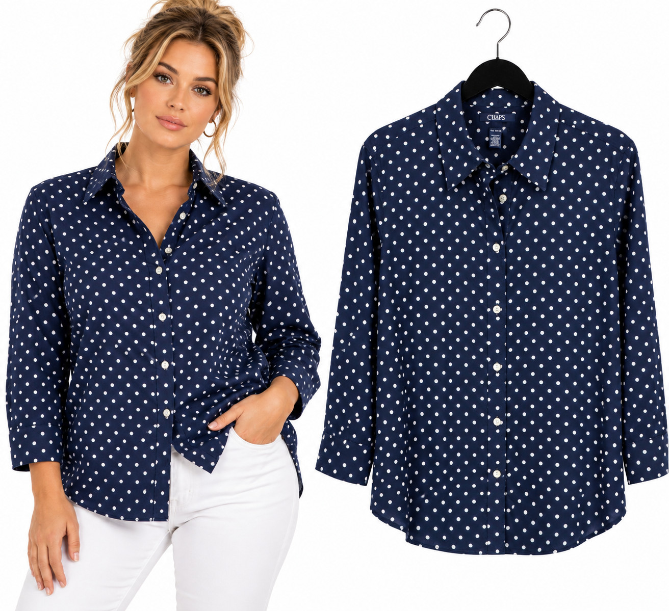 New Chaps Button Down Shirt Size XL No Iron Navy White Polka Dot Preppy New Chaps Button Down Shirt Size XL No Iron Navy White Polka Dot Preppy