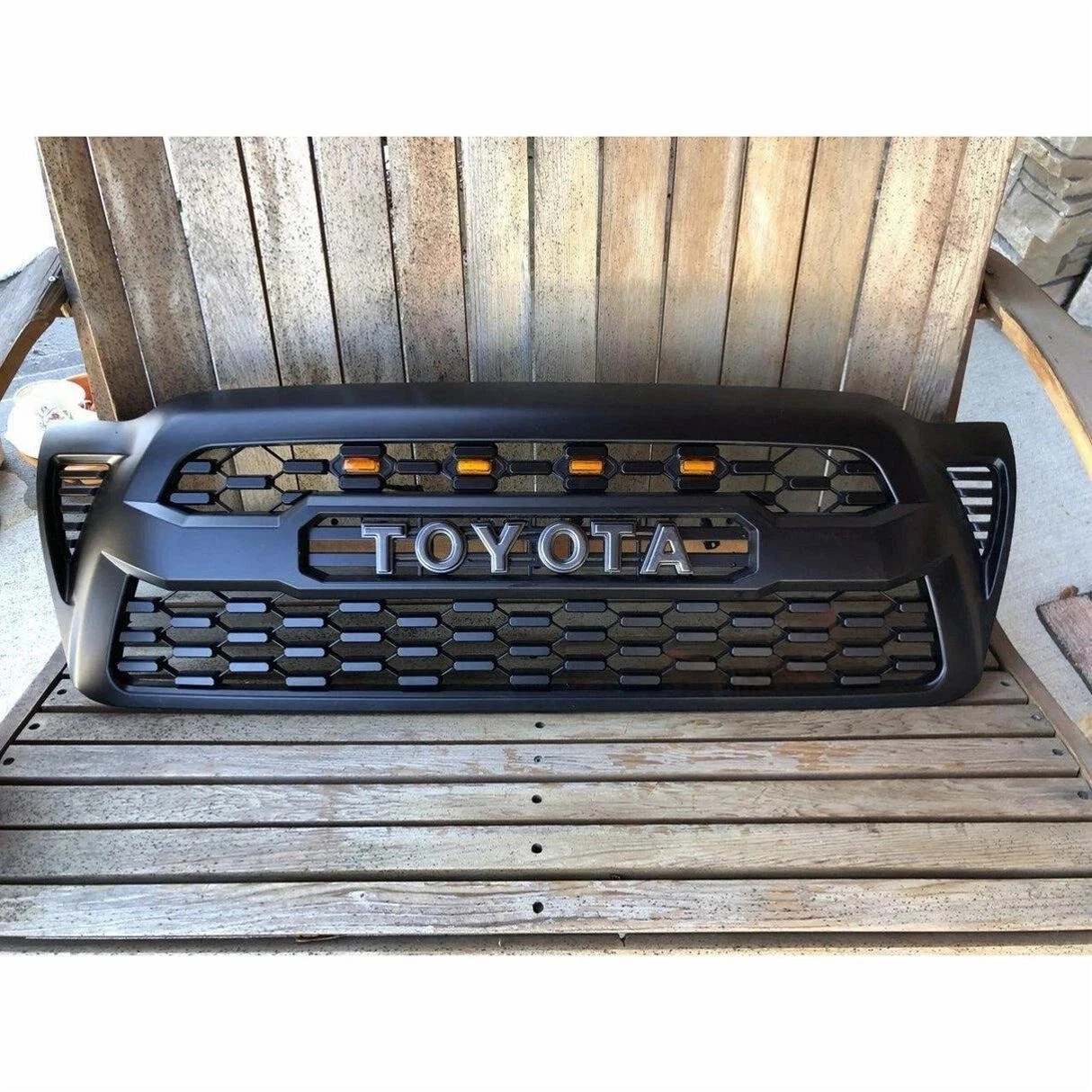 Front Bumper Upper Mesh Grille For 2005-2011 Toyota Tacoma Matte Black W/ LEDs