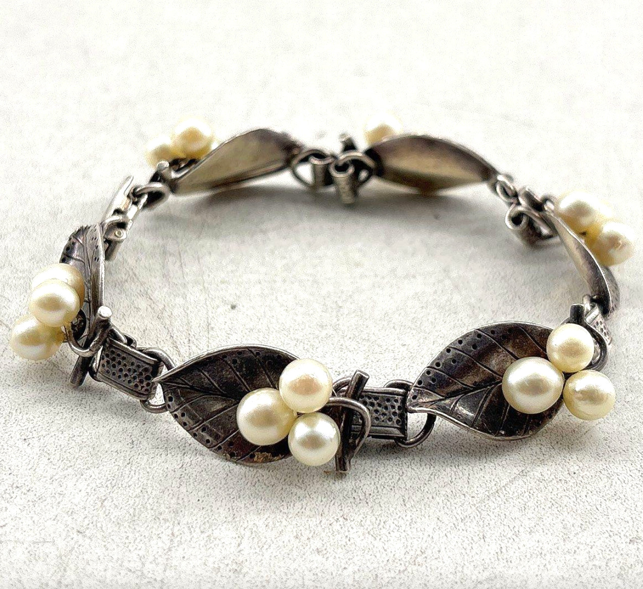 Ming\'s Akoya Pearl Leaf Bracelet Sterling Silver 925 1950s 20.5g Hawaii 7.25\ Ming\'s Akoya Pearl Leaf Bracelet Sterling Silver 925 1950s 20.5g Hawaii 7.25\