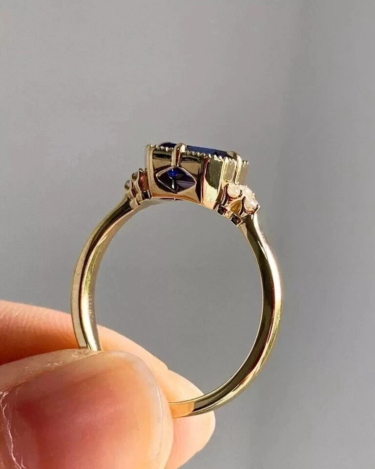 Art Deco Style Sapphire Lab Created Diamond 14K Yellow Gold FN Engagement Ring Art Deco Style Sapphire Lab Created Diamond 14K Yellow Gold FN Engagement Ring