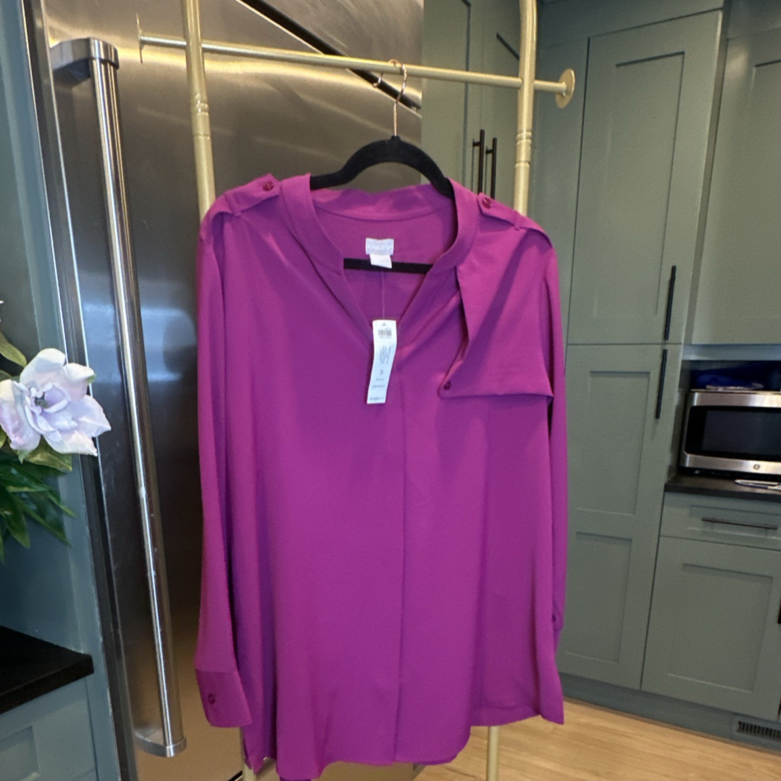 Chico\'s Fushia Epaulet Tunic V-Neck Long Sleeve Blouse Size 3