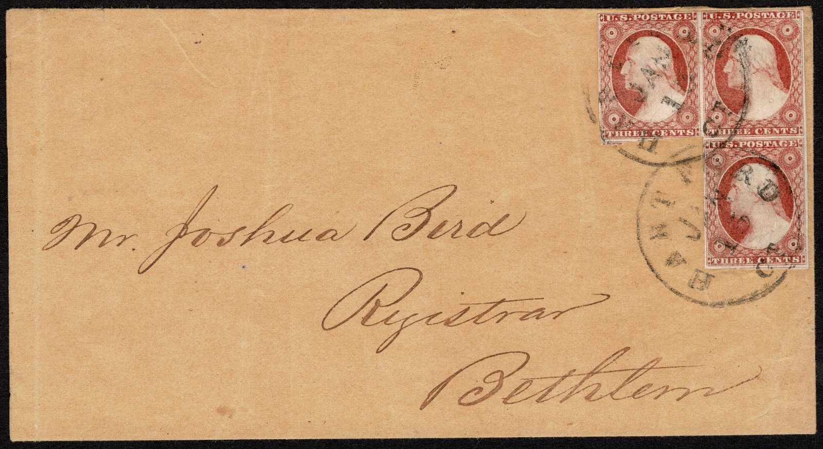 irregular block of three, Hartford Ct. Jan 15 [ca. 1854]