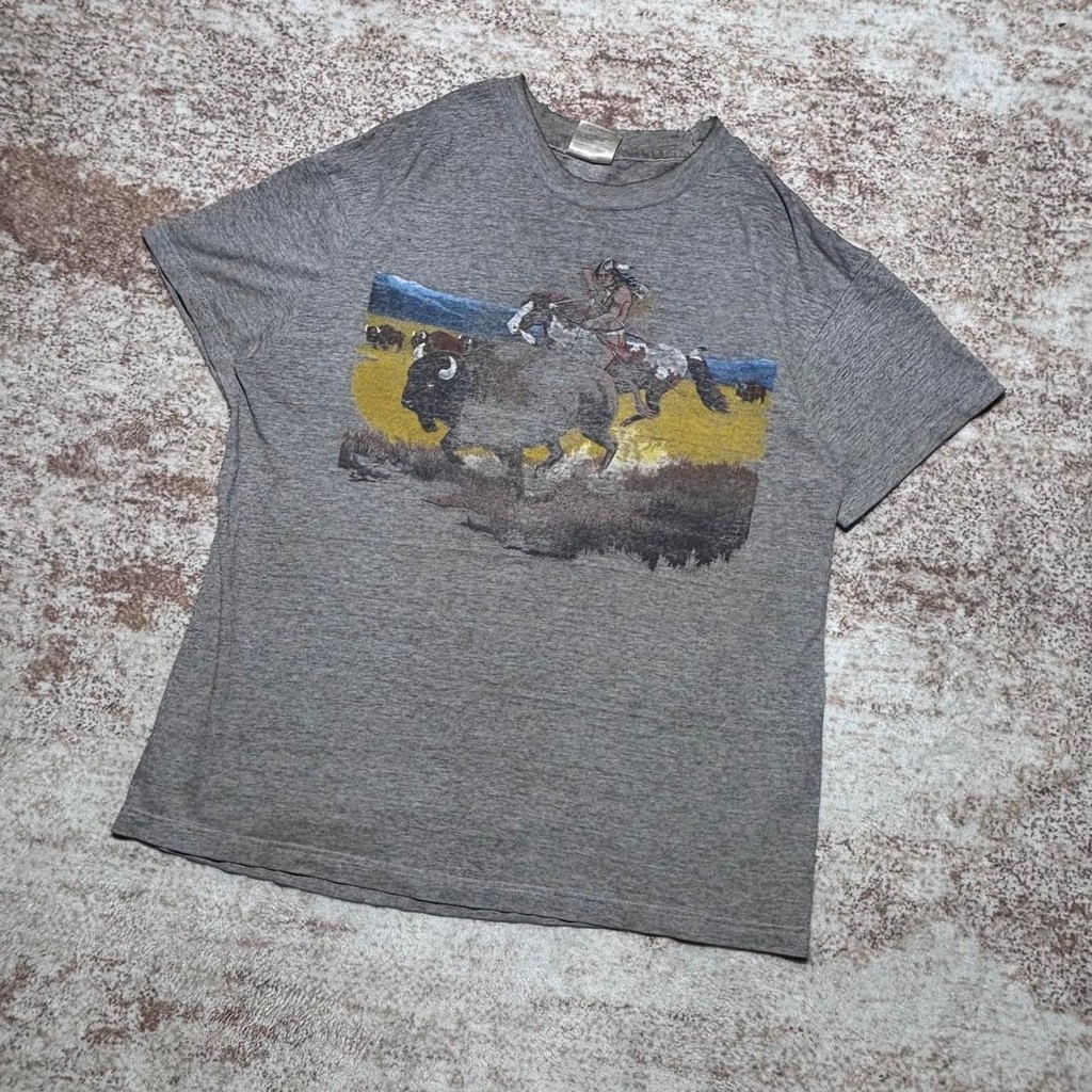 Vintage 1990s Buffalo Rider Western Graphic T-Shirt Size M Gray Hanes Heavyweigh