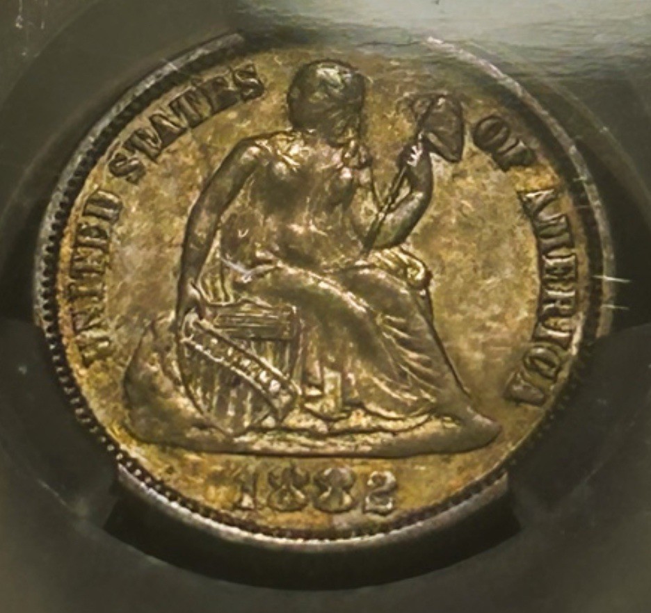 1882 Seated Liberty Silver Dime 10c High Grade PCGS AU-55 CAC Toned With Luster 1882 Seated Liberty Silver Dime 10c High Grade PCGS AU-55 CAC Toned With Luster