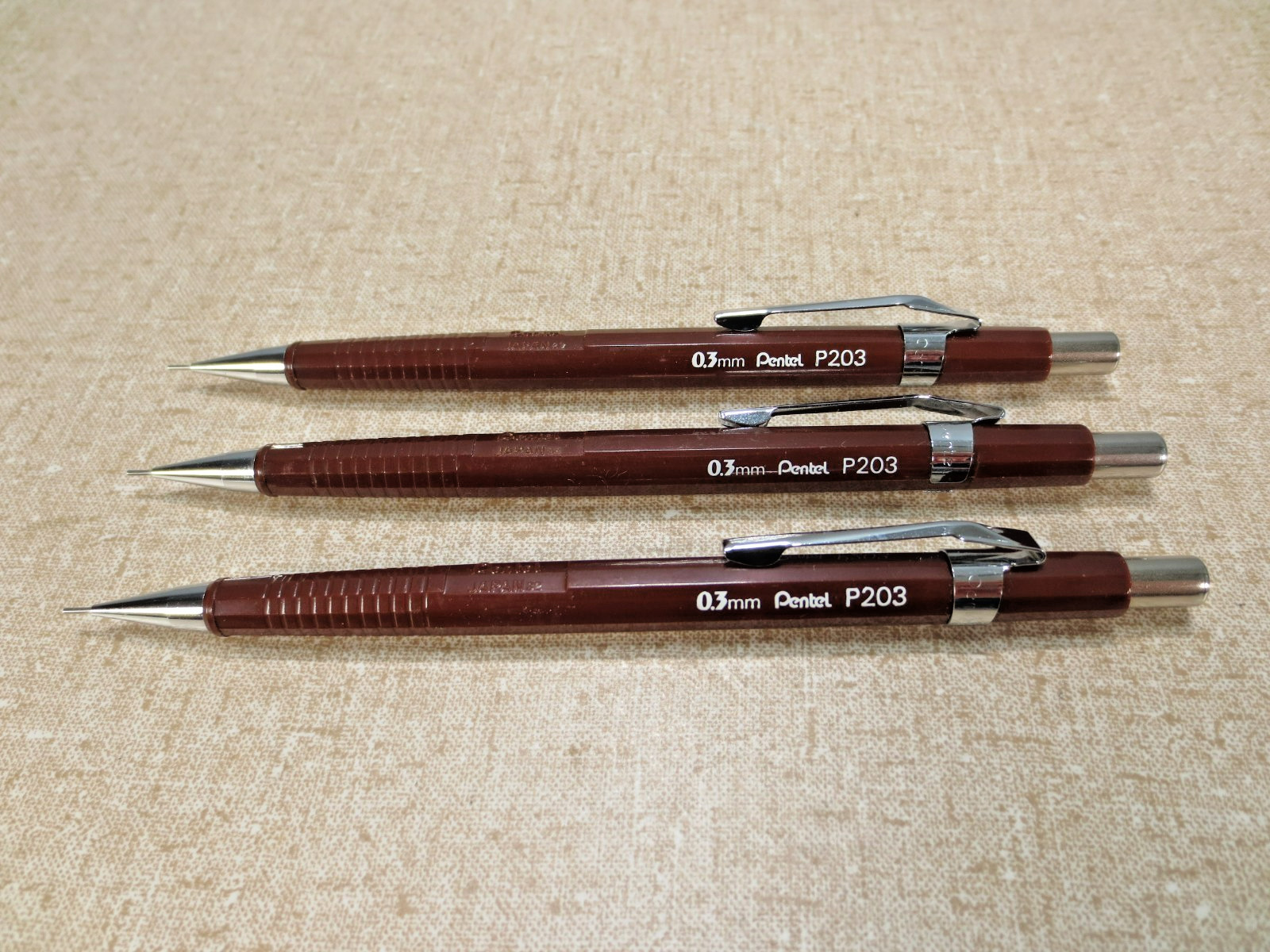 Three Vintage Pentel P203 0.3 mm Mechanical Pencils Brown Japan Tested