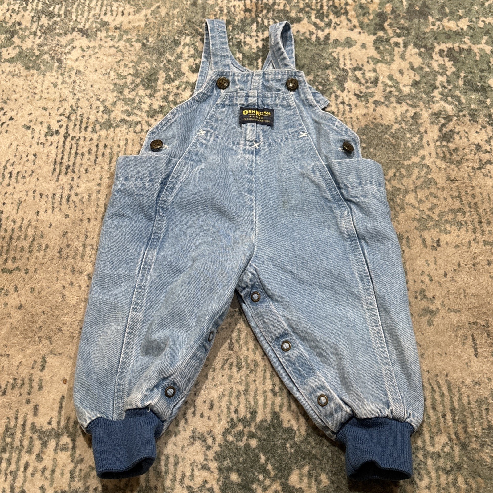 vintage 1980s OshKosh B\'gosh kids\' denim overalls with knit cuffs 18 Months USA vintage 1980s OshKosh B\'gosh kids\' denim overalls with knit cuffs 18 Months USA