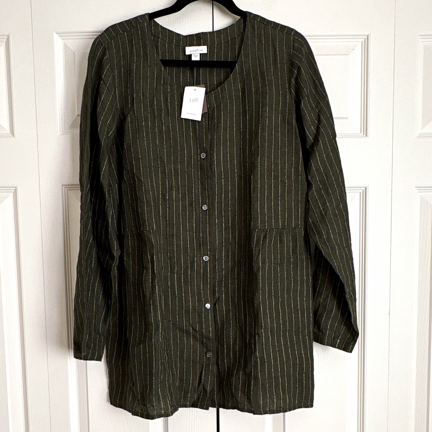 J. Jill PURE JILL PINSTRIPED LINEN BUTTON TUNIC W/POCKETS NEW TAGS SZ L MP $ 100 J. Jill PURE JILL PINSTRIPED LINEN BUTTON TUNIC W/POCKETS NEW TAGS SZ L MP $ 100