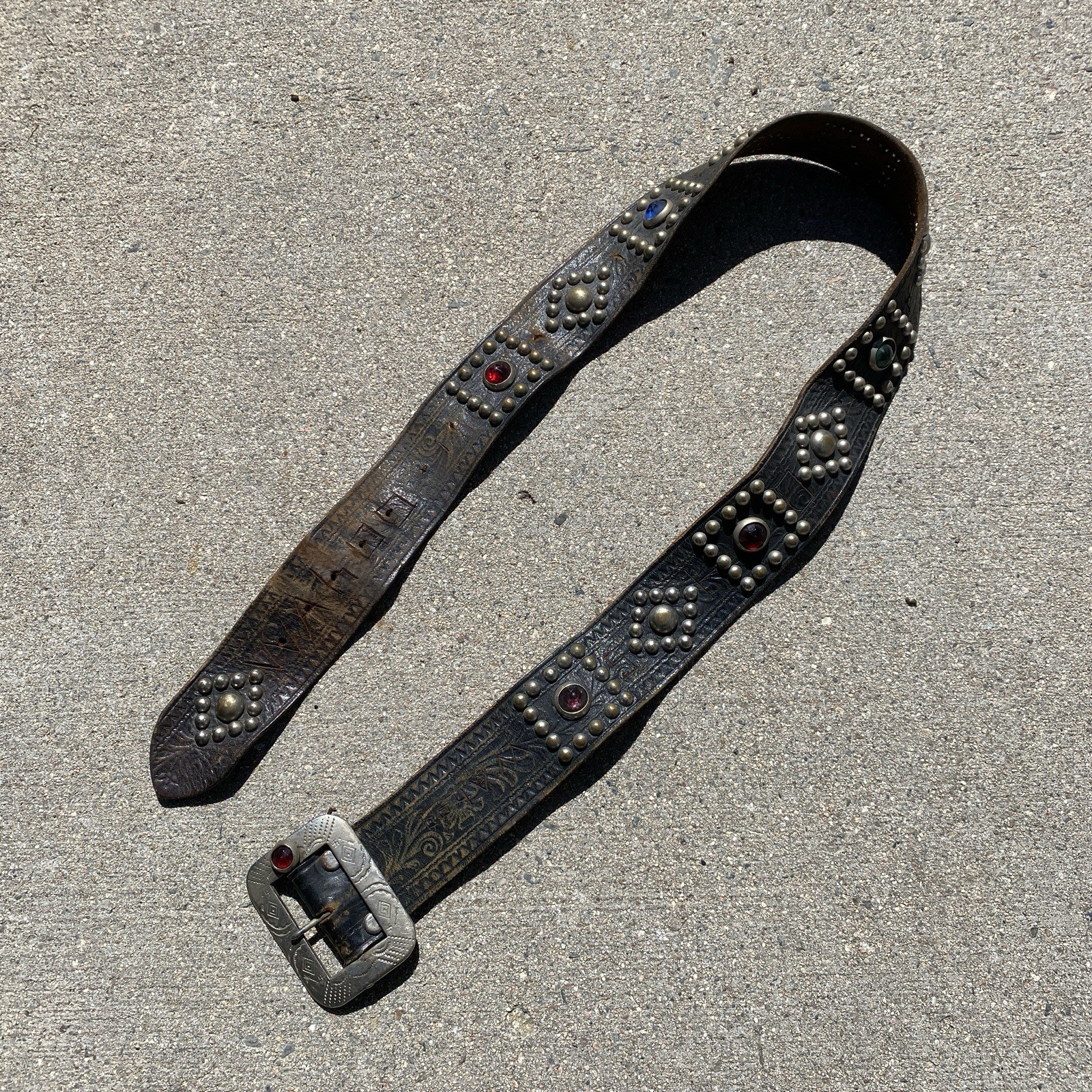 Vintage 30s 40s Studded Jeweled Belt Sz 32 Biker Whirling Logs Rockabilly Buco