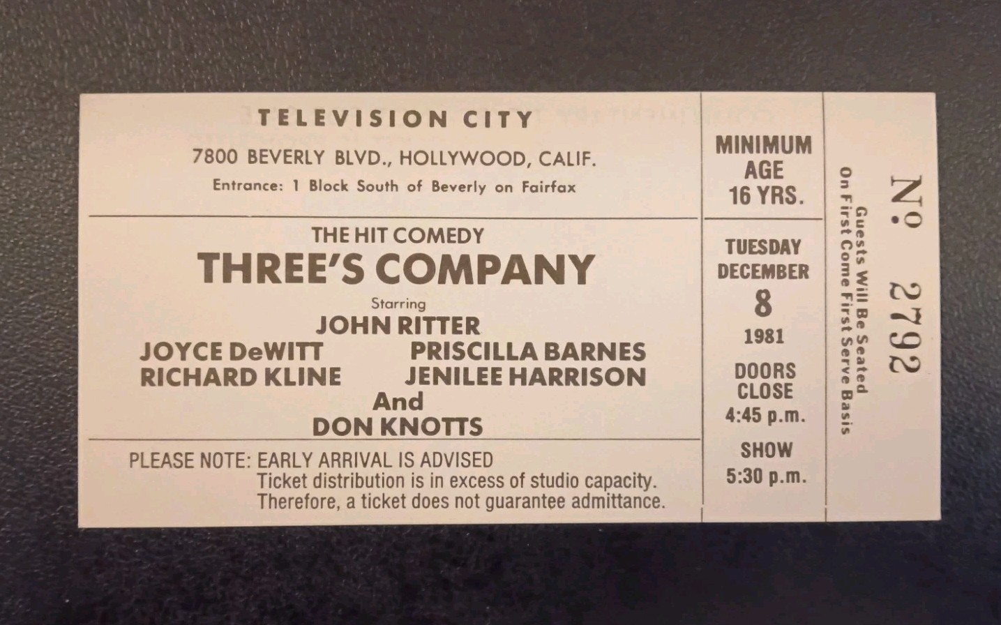Dec 8, 1981 Three’s Company Original CBS Television City Studio Audience Ticket Dec 8, 1981 Three’s Company Original CBS Television City Studio Audience Ticket