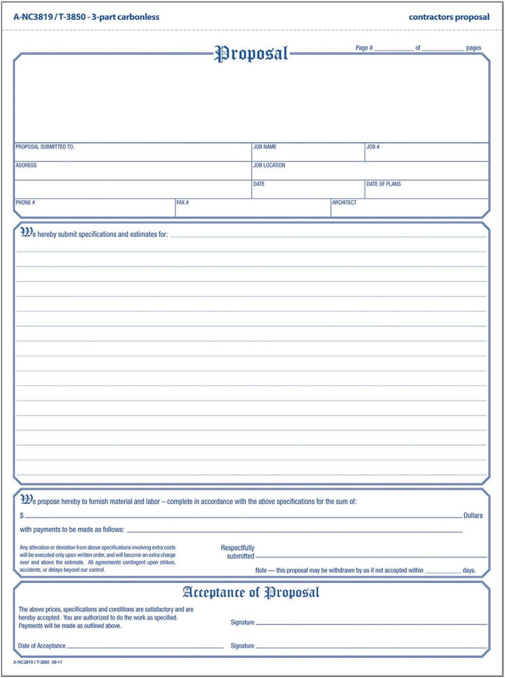 Adams Contractor'S Proposal Forms, 8.5 X 11.44 Inch, 3-Part, Carbonless, 50-Pack