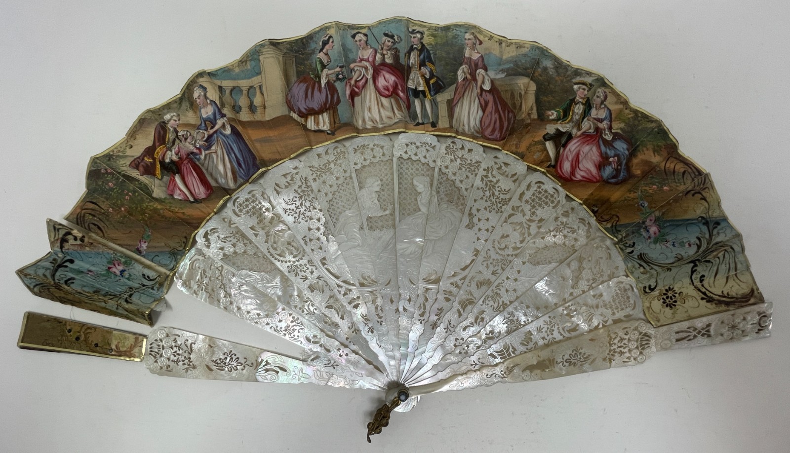 Antique European French Folding Hand Fan Hand Painted Mother-Of-Pearl Victorian