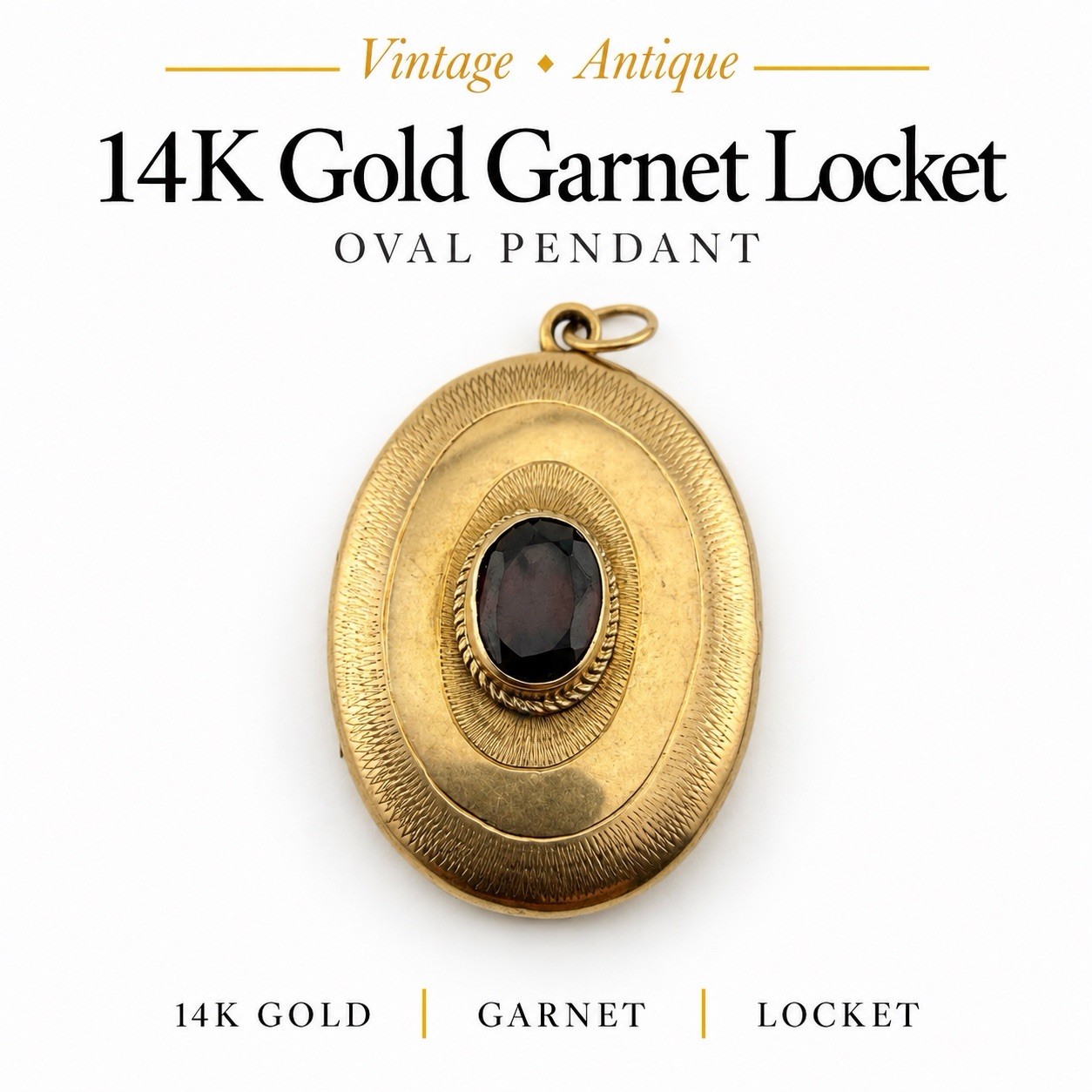 Antique Vintage 14K Gold Garnet Oval Locket Pendant Engraved Design 6.5 Grams