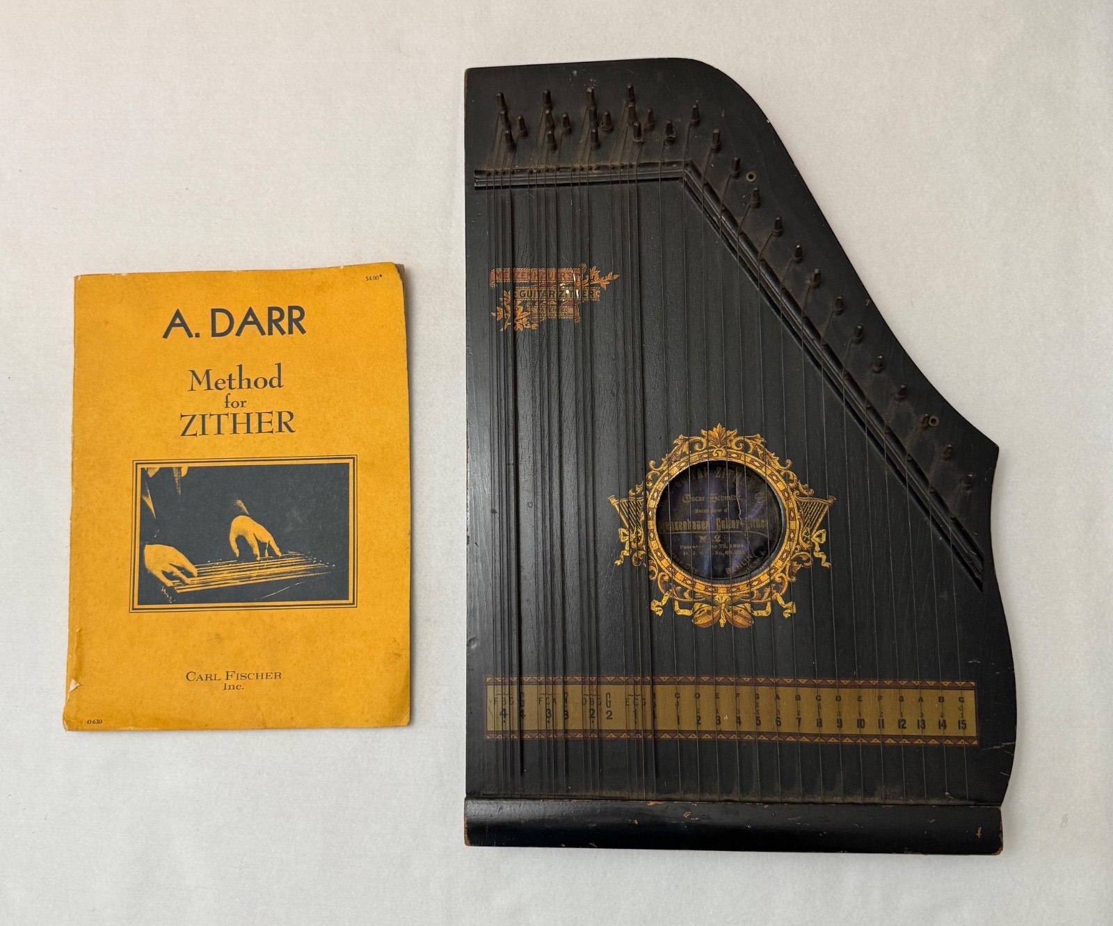 Antique Guitar Zither Menzenhauer\'s Oscar Schmidt Lap Guitar Harp + Method Book