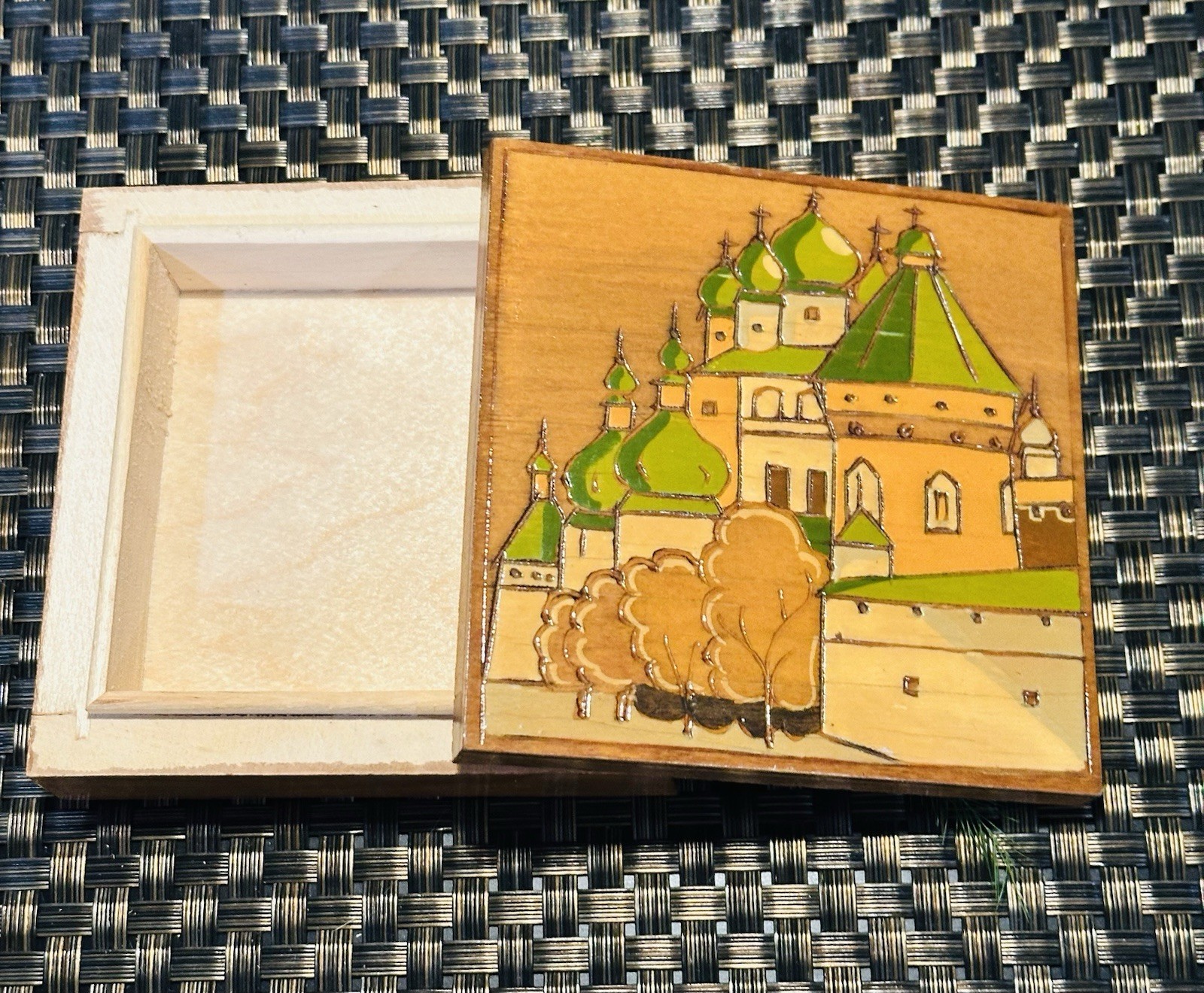 Vintage Russian Wooden Hand Painted  Trinket Box Woodburned  Design 4 X 4”