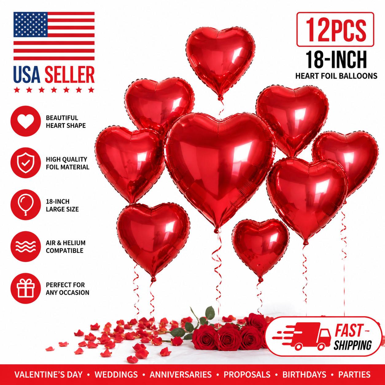 12PCS Red Heart Foil Balloons 18 Inch Romantic Party Decoration Wedding Supplies