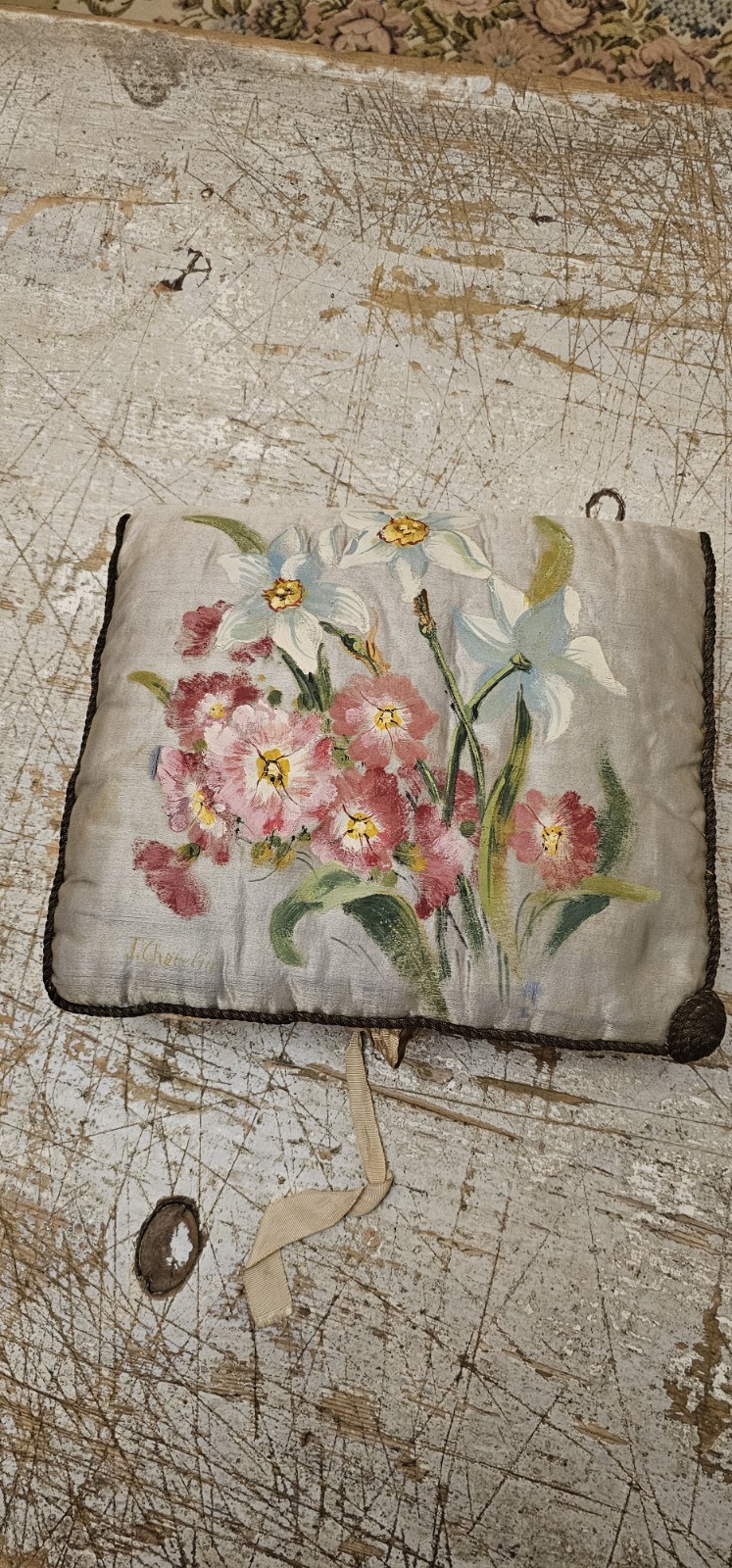Antique French Silk Padded Boudoir Pochette: Handpainted Flowers Antique French Silk Padded Boudoir Pochette: Handpainted Flowers