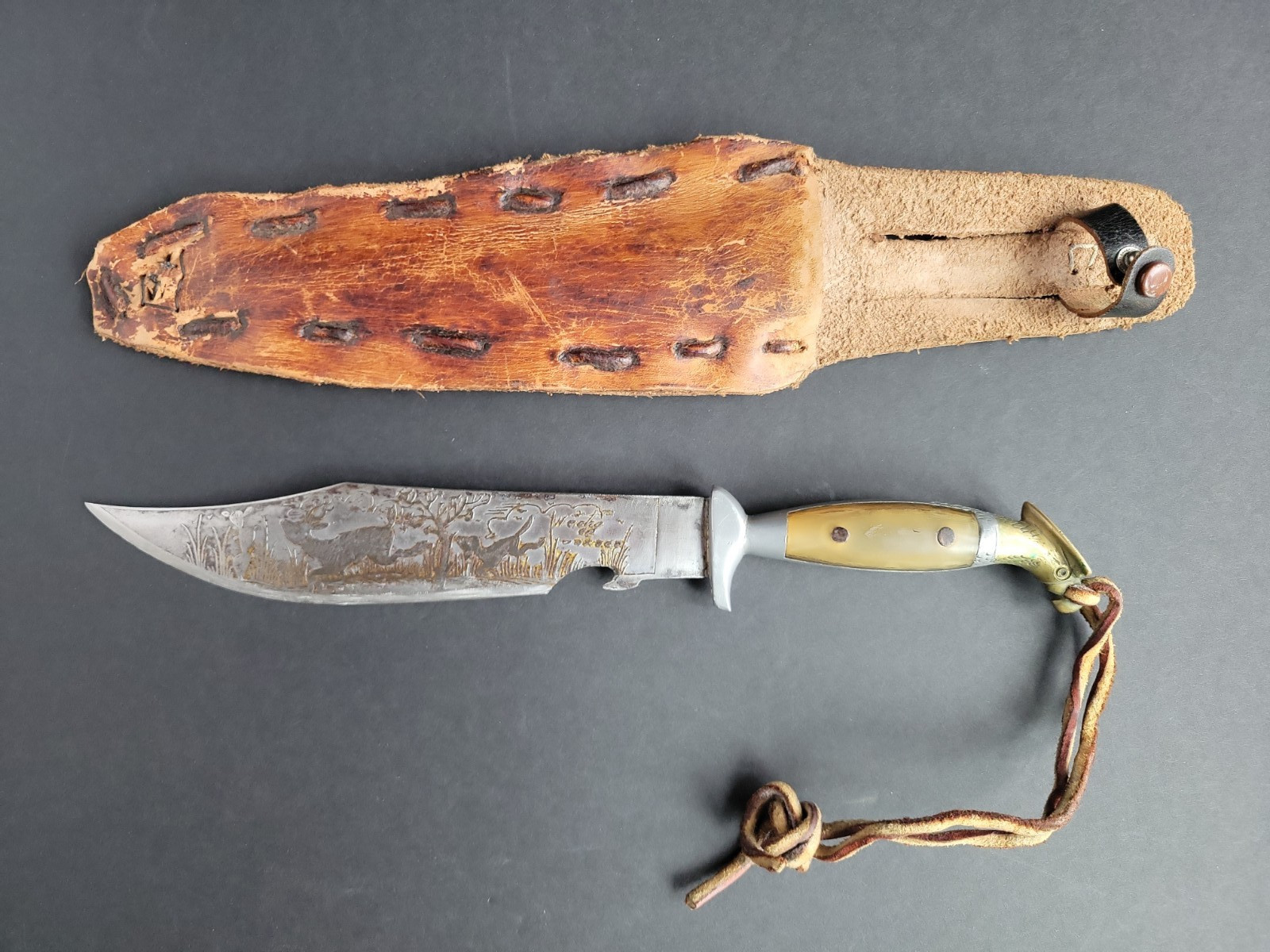 Vtg Oaxaca Mexico Engraved Bowie Knife Bird Head Horn Handle & Sheath ~11.75