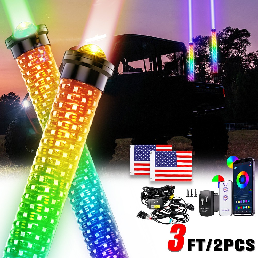 Pair 3FT Laser Fat LED Whip Lights Antenna RGB Spiral Chasing For Can-am X3 UTV