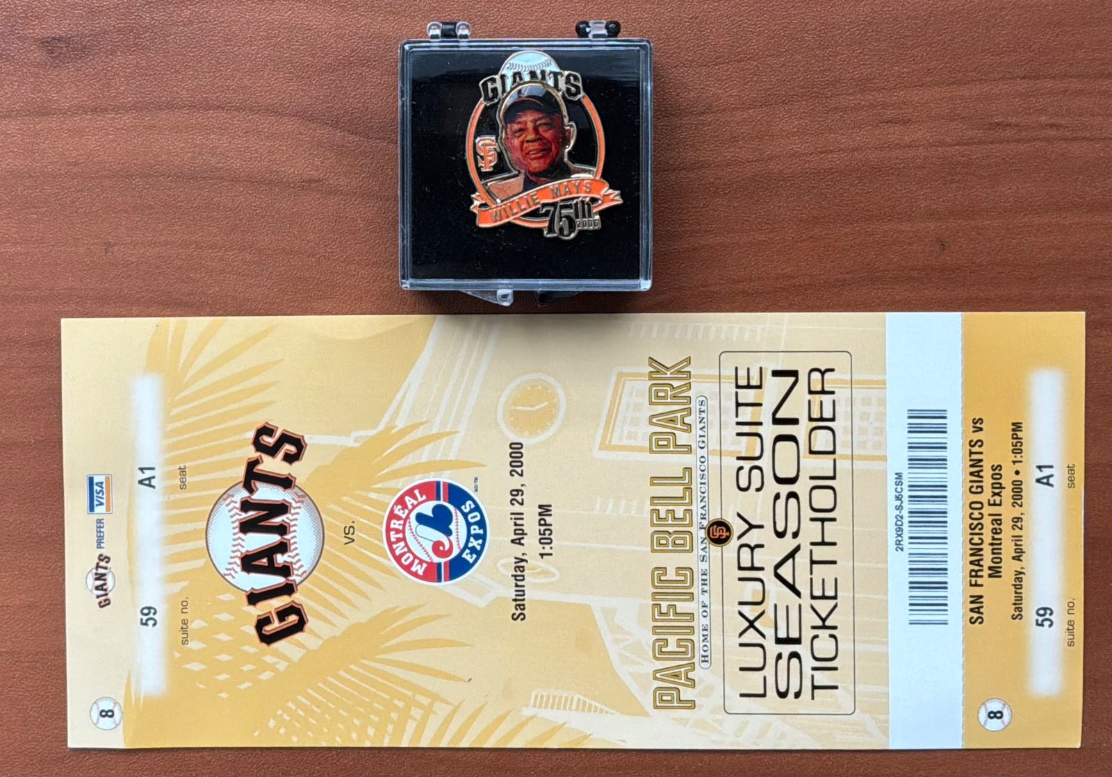 Willie Mays Personally Owned 75th Birthday Pin & First Win Against Expos Ticket Willie Mays Personally Owned 75th Birthday Pin & First Win Against Expos Ticket