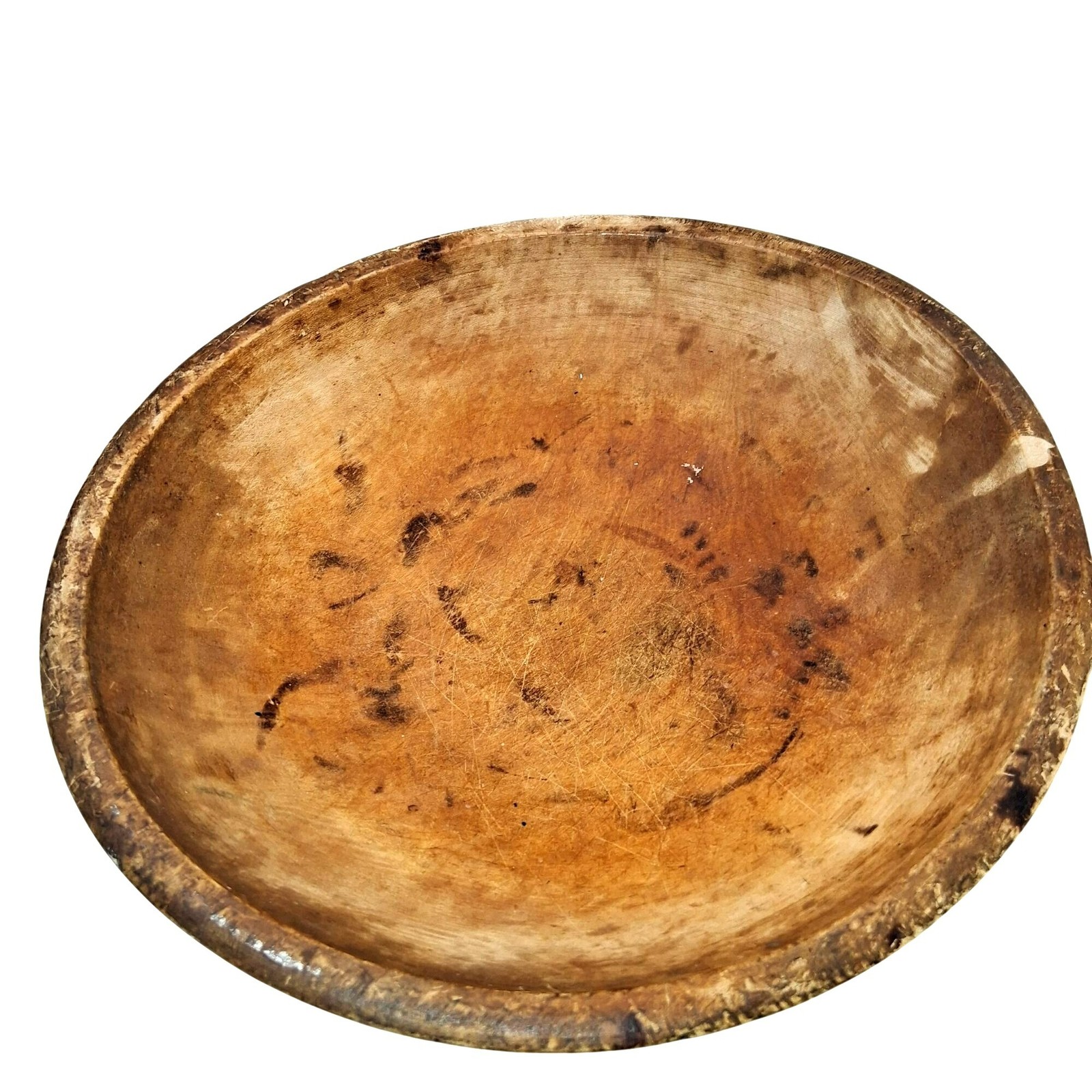 Antique Hand-Carved Wooden Bowl Decorative Rustic Patina Shallow Design