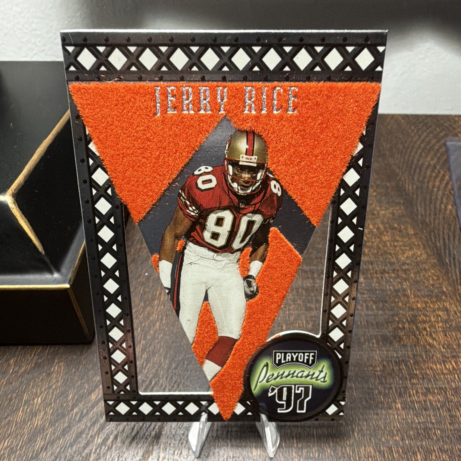 JERRY RICE 1997 PLAYOFF PENNANTS FOOTBALL SILVER ORANGE FELT #7 49ERS
