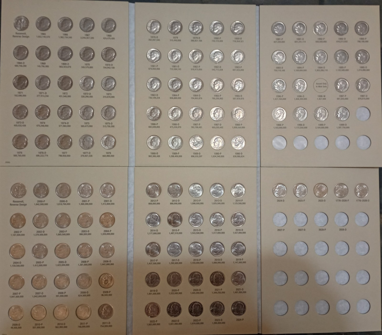 COMPLETE SET OF ROOSVELT DIME-1965-2026-P&D IN TWO NEW COIN FOLDERS CIR- GEM UNC COMPLETE SET OF ROOSVELT DIME-1965-2026-P&D IN TWO NEW COIN FOLDERS CIR- GEM UNC
