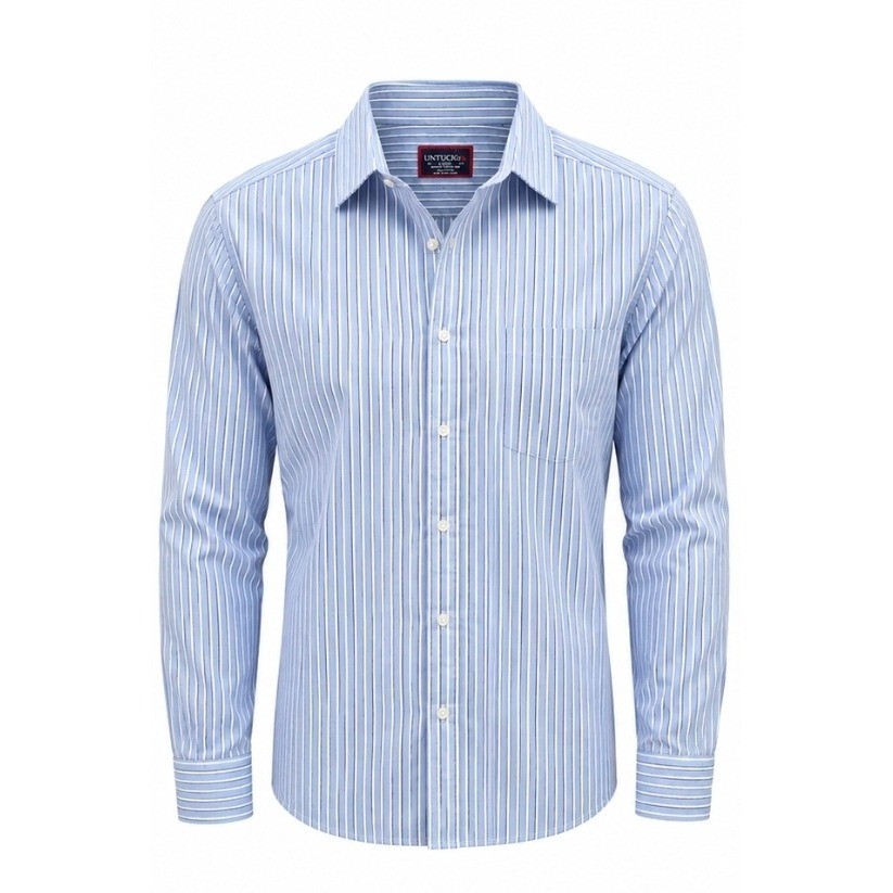 UNTUCKit Mens Large Slim Fit Wrinkle Free Blue White Striped Button Down Shirt