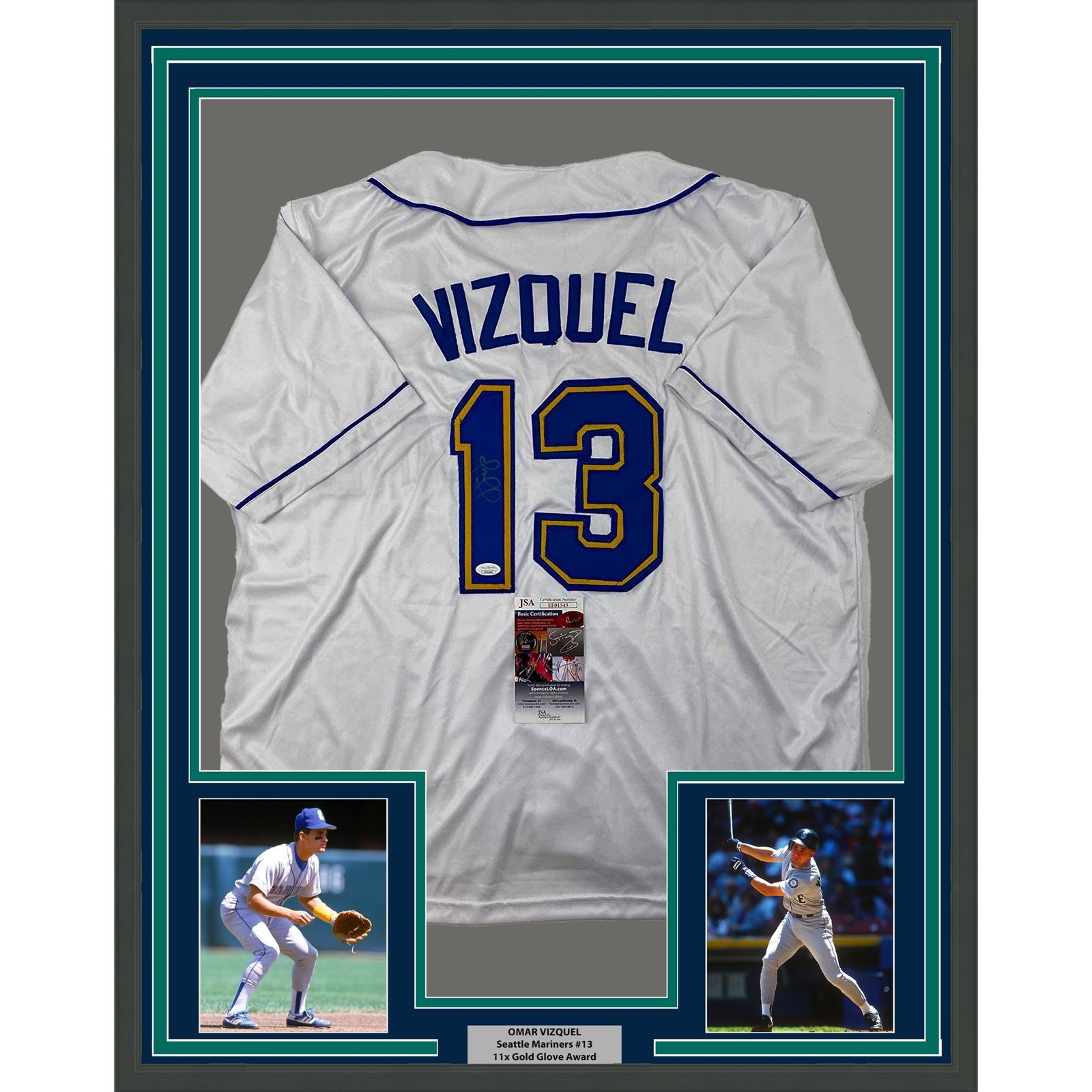 Framed Autographed/Signed Omar Vizquel 35x39 Seattle White Jersey JSA COA Framed Autographed/Signed Omar Vizquel 35x39 Seattle White Jersey JSA COA
