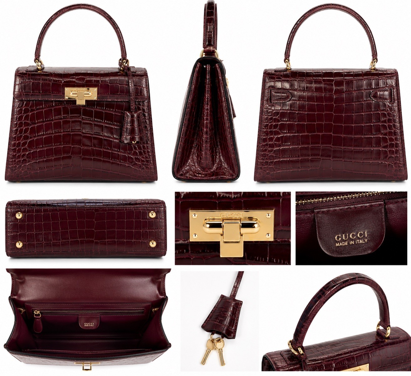 Vintage Gucci Burgundy Crocodile Top Handle Bag Gold Hardware Vintage Gucci Burgundy Crocodile Top Handle Bag Gold Hardware