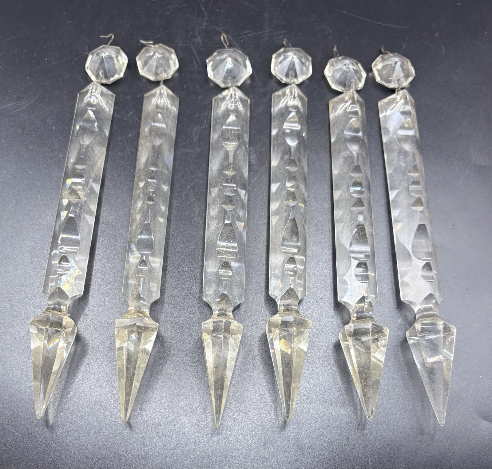 Antique 6 French Cut Crystal Argand Cornelius Chandelier Luster Spear 8” Prisms Antique 6 French Cut Crystal Argand Cornelius Chandelier Luster Spear 8” Prisms