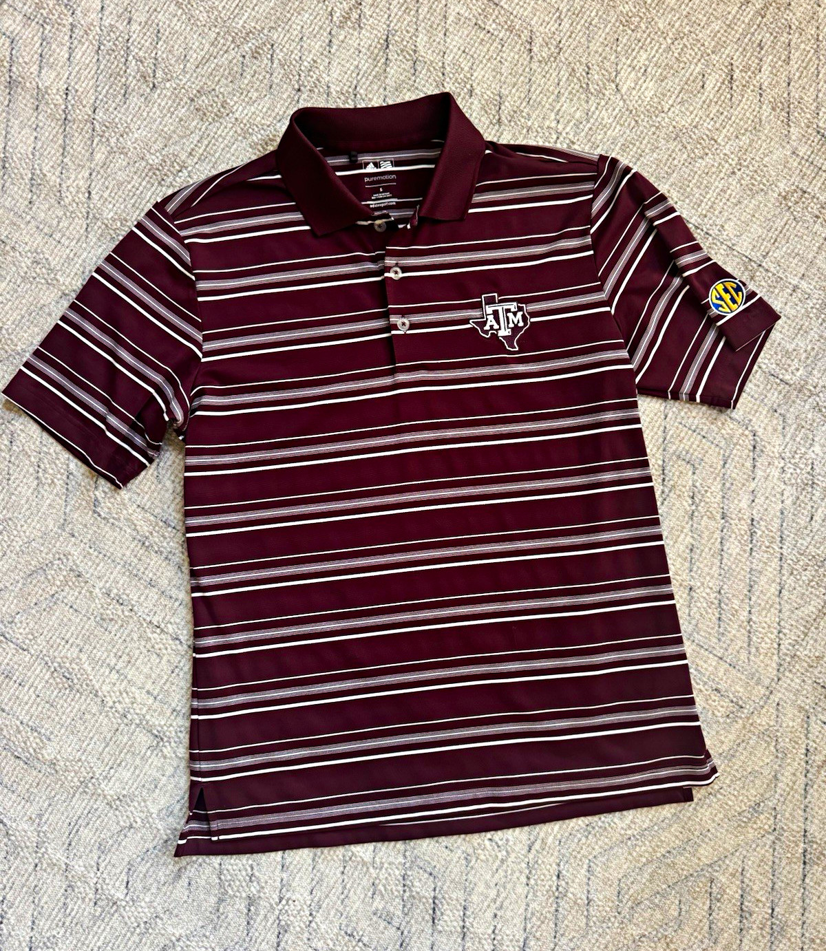 adidas Texas A&M Aggies Golf Polo Shirt Maroon/White Striped Size S SEC edition adidas Texas A&M Aggies Golf Polo Shirt Maroon/White Striped Size S SEC edition