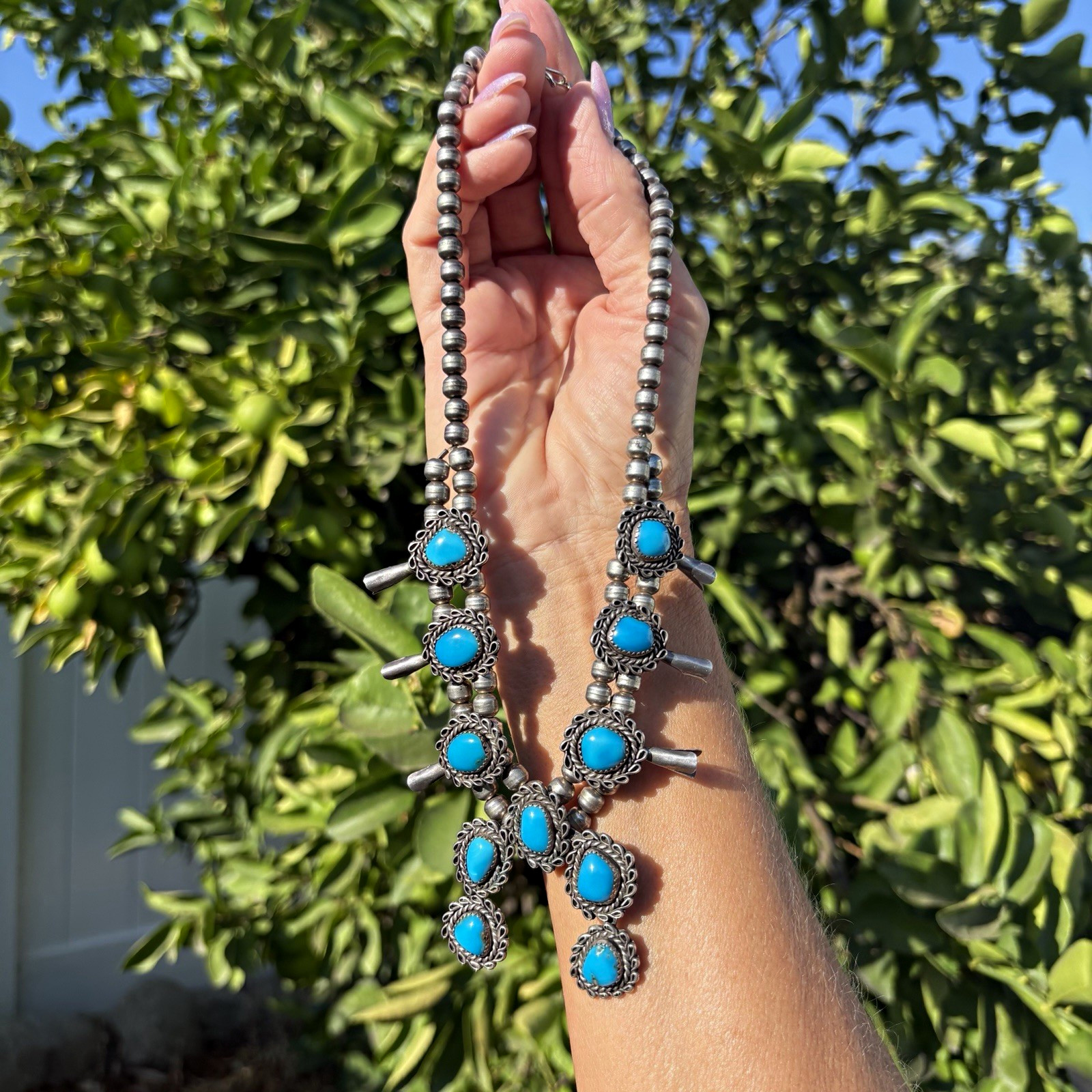 Sterling silver Native American Navajo Squash Blossom Necklace Turquoise vintage
