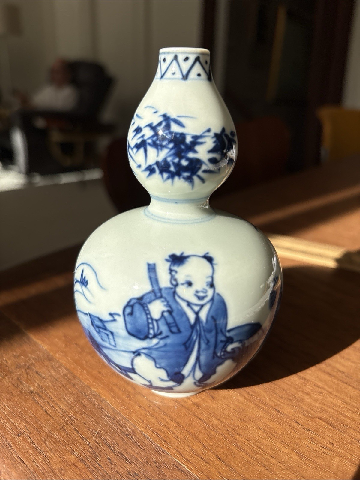 Antique Blue And White Chinese Double Gourd Vase With Leaf Mark