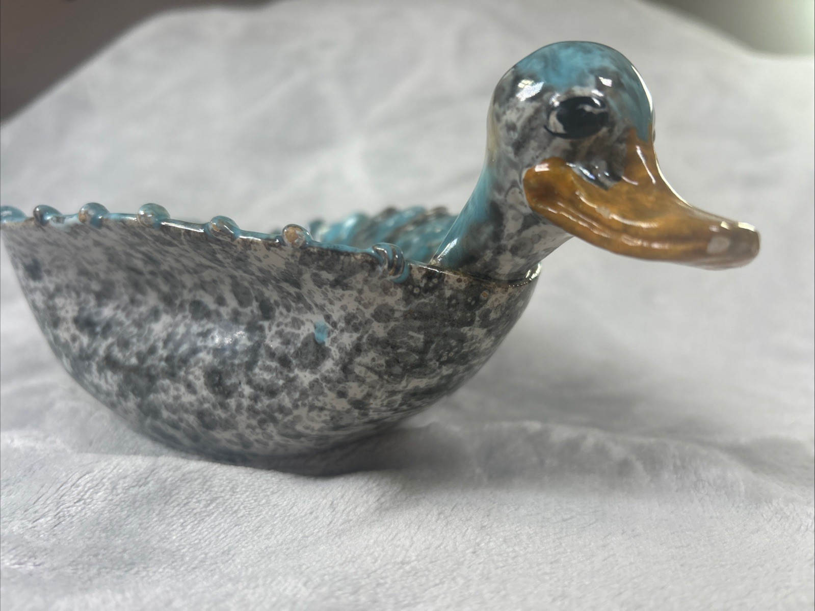 1960s Fratelli Fanciullacci pottery duck shell dish Blue Yellow 10 Inches Length 1960s Fratelli Fanciullacci pottery duck shell dish Blue Yellow 10 Inches Length