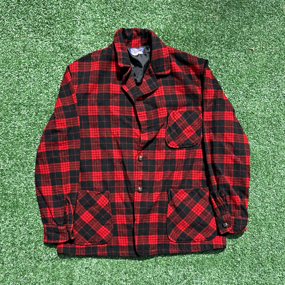 Vintage 1970s Red and Black Buffalo Plaid Pendleton Wool Cardigan Shirt