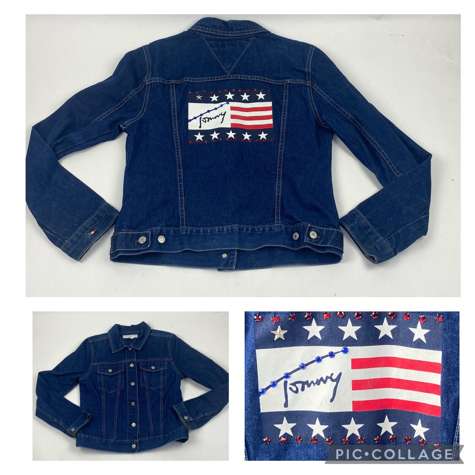 Vintage Tommy Hilfiger Jean Denim Flag Jacket Spell Out 90s Y2K Bling Med