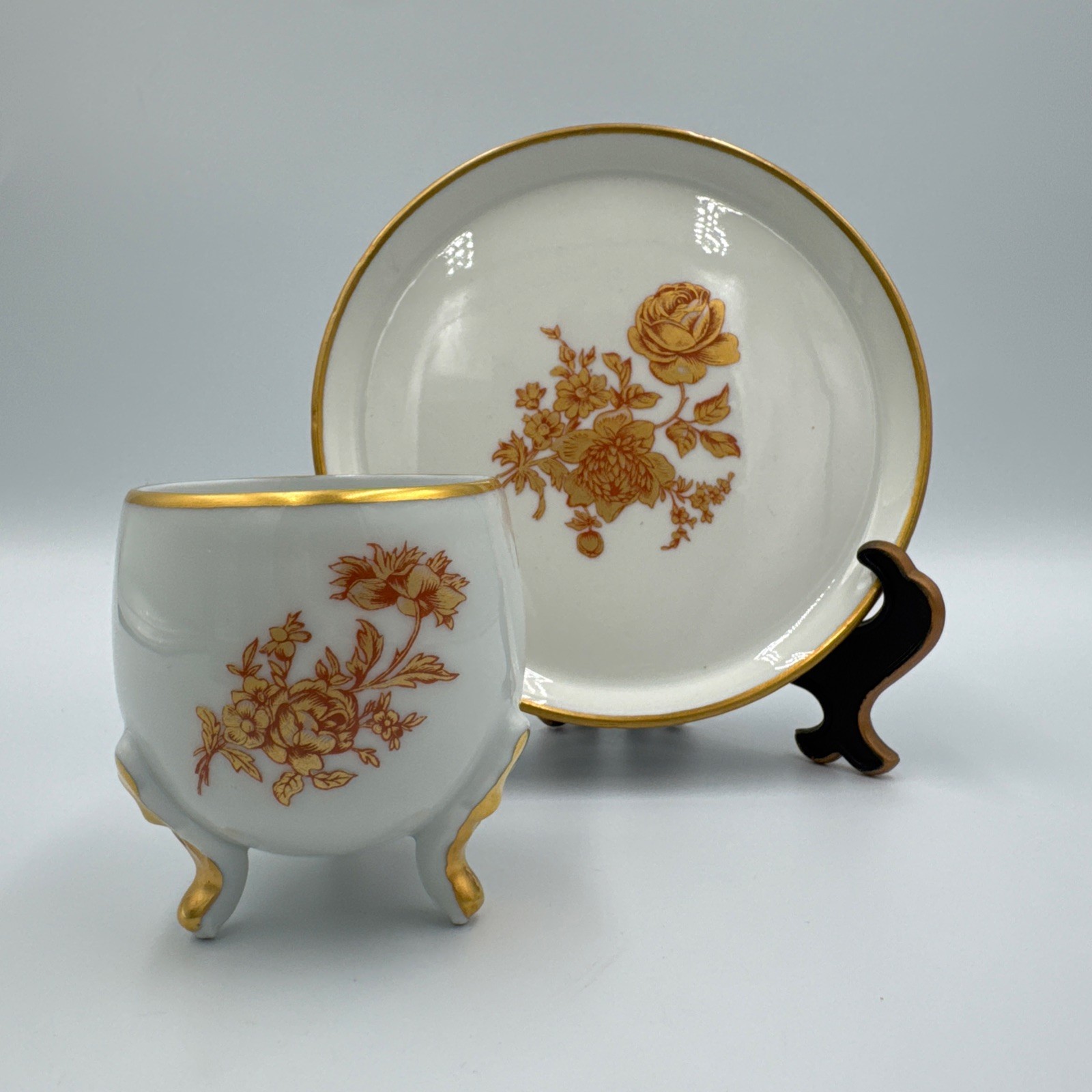 Vtg Limoges France gold Rose 3-footed Handles cup & Saucer Set open sugar bowl