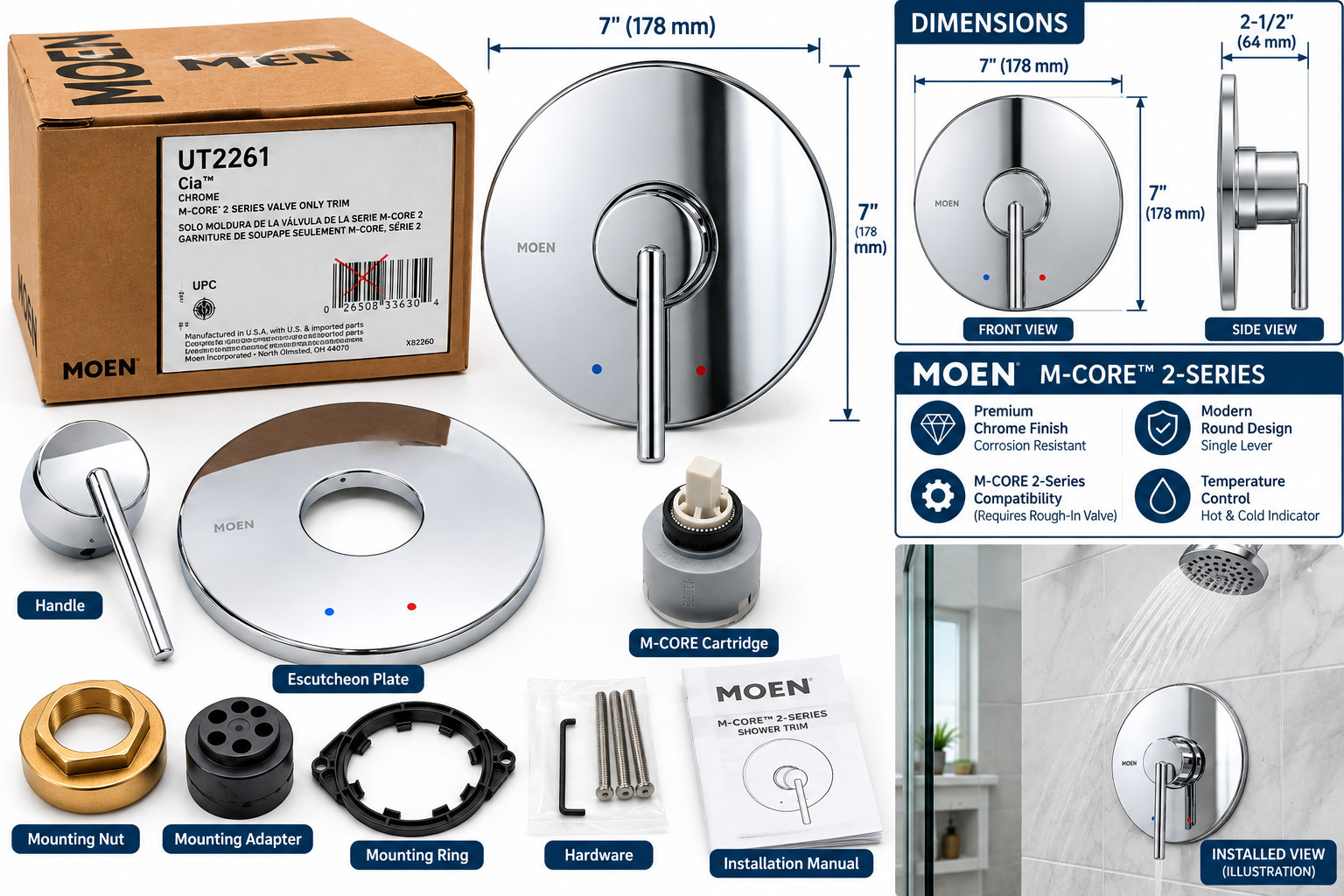 Moen UT2261 Cia M-CORE 2-Series Shower Valve Trim Chrome Single Handle
