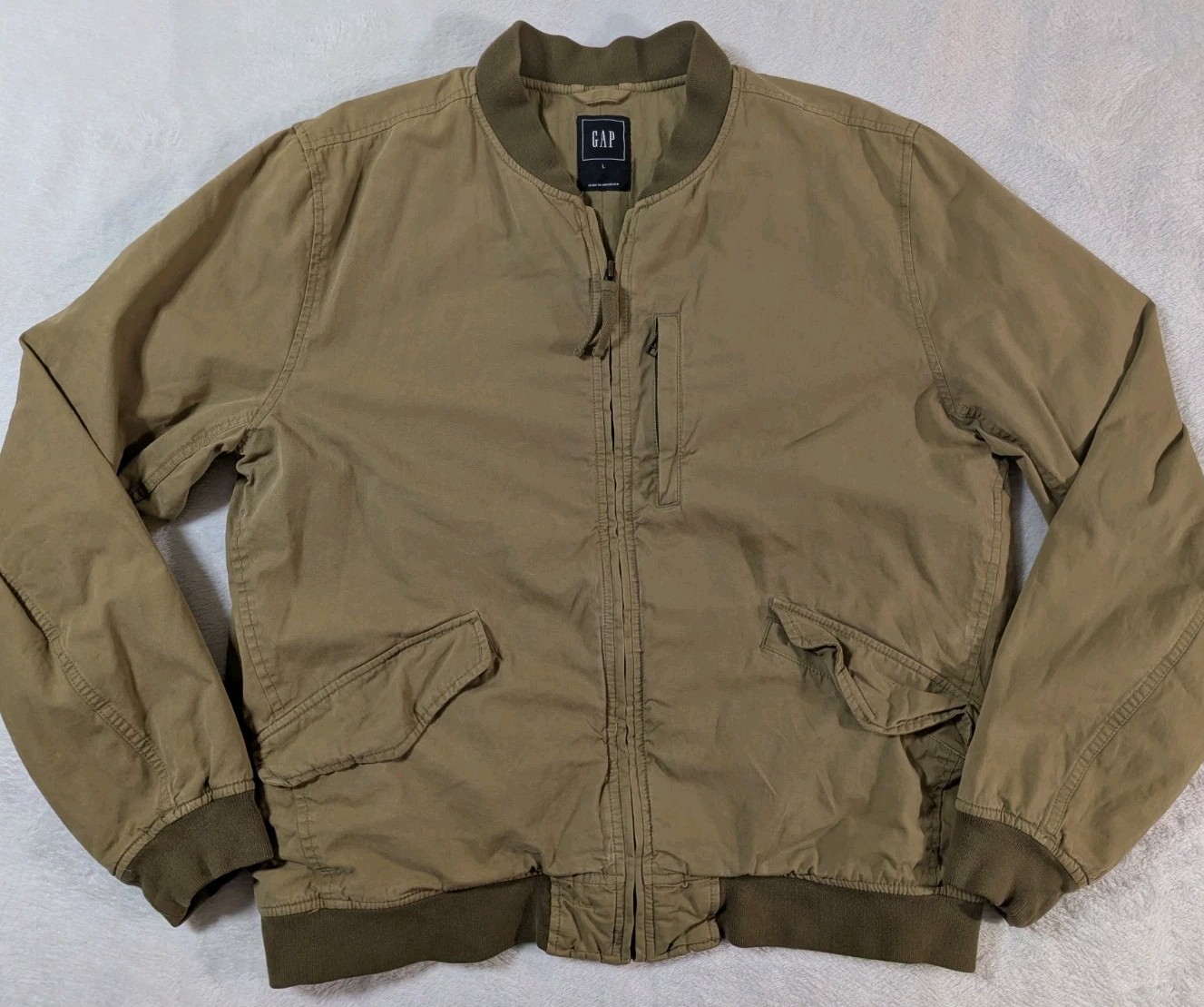 GAP Bomber Jacket Men\'s Sz Lg Green Khaki Solid Canvas Utility Full Zip GAP Bomber Jacket Men\'s Sz Lg Green Khaki Solid Canvas Utility Full Zip