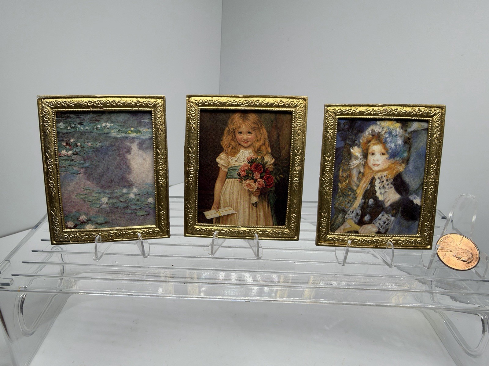 Vtg Dollhouse Miniatures Decor Wall Art~3 pc~Gold Metal Framed Art Works 1:12 Vtg Dollhouse Miniatures Decor Wall Art~3 pc~Gold Metal Framed Art Works 1:12