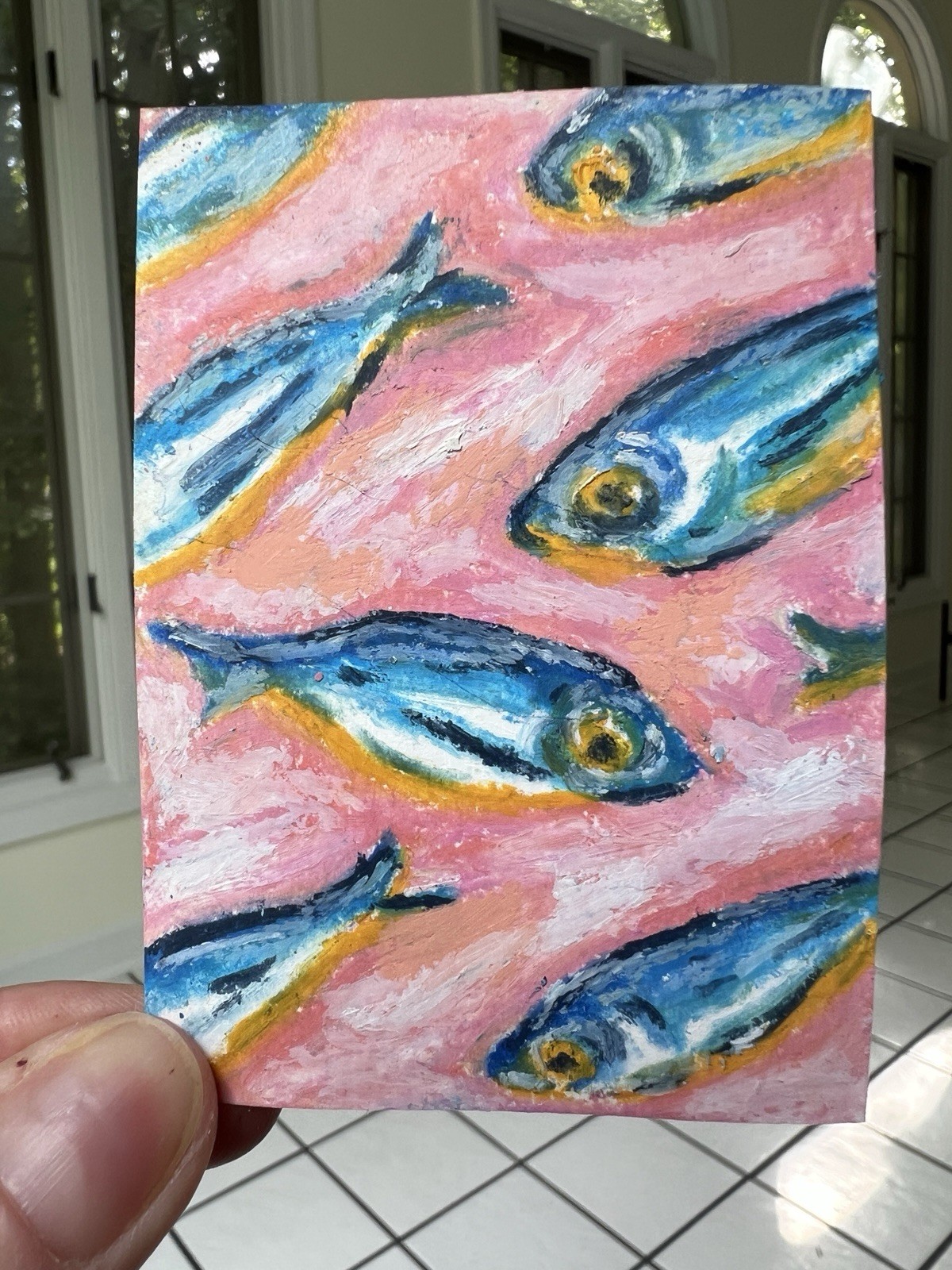 ACEO Original Oil Pastel Sardine Fish Art OOAK 2.5x3.5 Mini Painting Card ACEO Original Oil Pastel Sardine Fish Art OOAK 2.5x3.5 Mini Painting Card