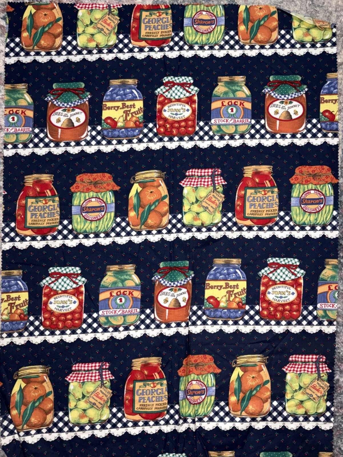 Vtg 1993 Sharon Kessler Canning Jars Navy Blue Cotton Fabric Remnant~ 31\