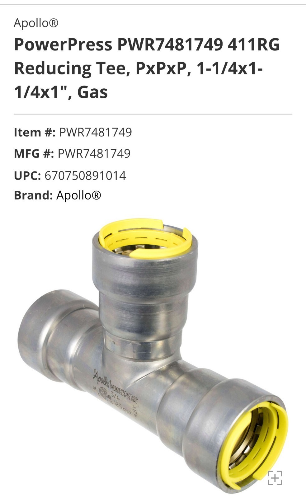 Apollo PowerPress PWR7481749 Reducing Tee 1-1/4x1-1/4x1 Gas Carbon Steel