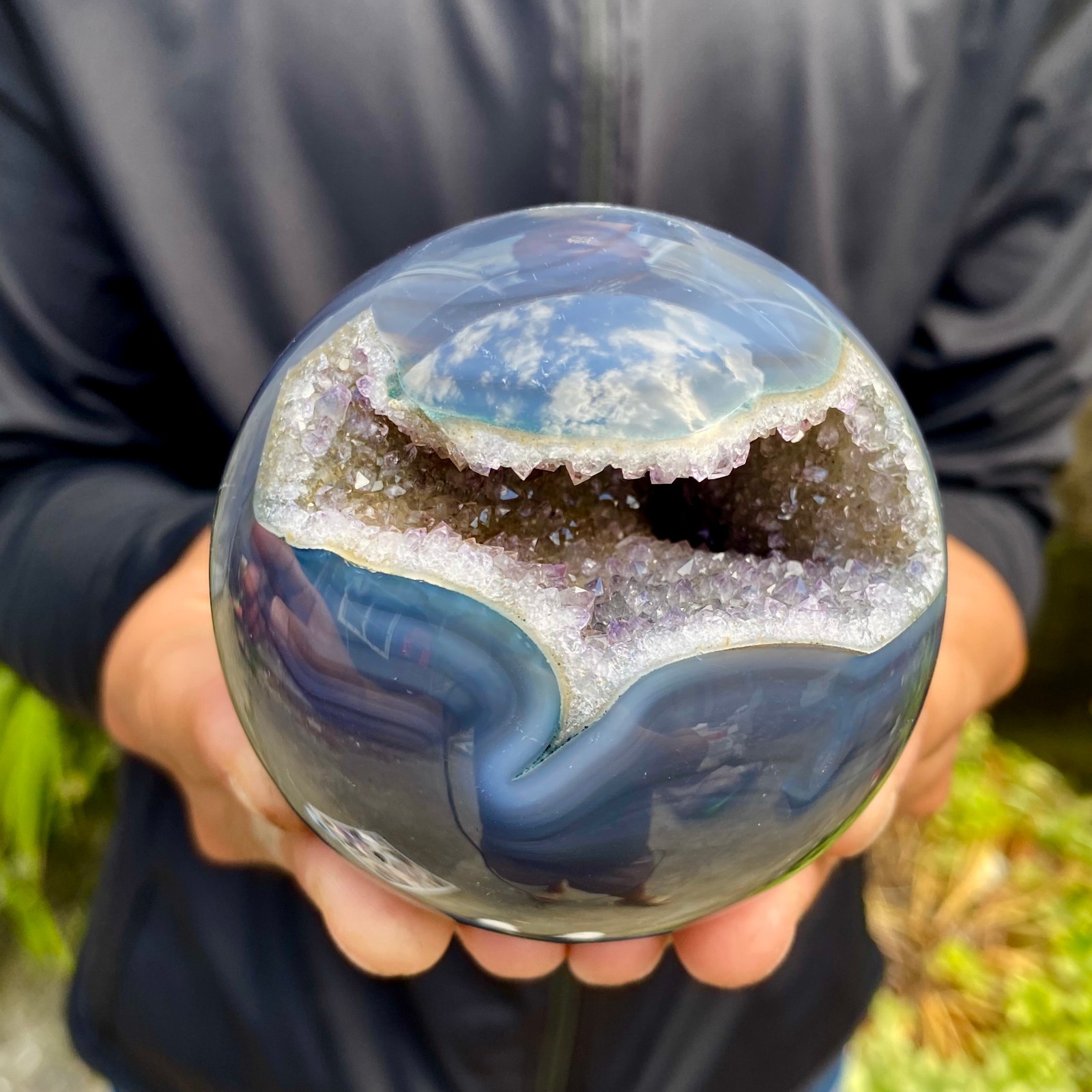 1.36LB Natural Open Smile Agate Sphere Purple Crystal Geode Healing Wealth Colle