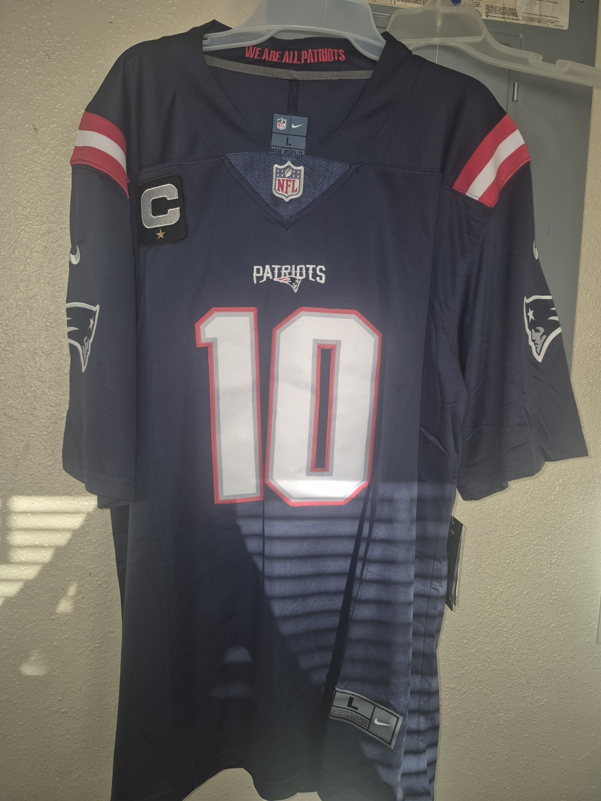 Drake Maye New England Patriots 2026 Large Captains Patch Men's Game Jersey Blue Drake Maye New England Patriots 2026 Large Captains Patch Men's Game Jersey Blue