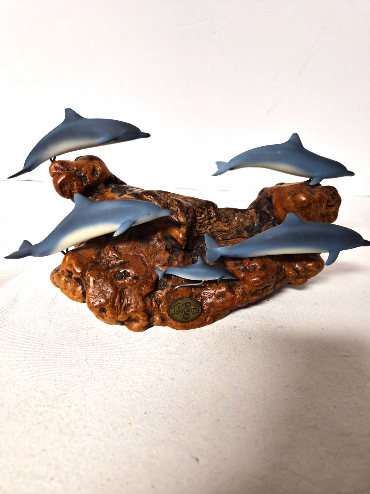 Vtg John Perry Dolphin Pod Sculpture Burl Wood Base 5 Dolphins Marine Nautical