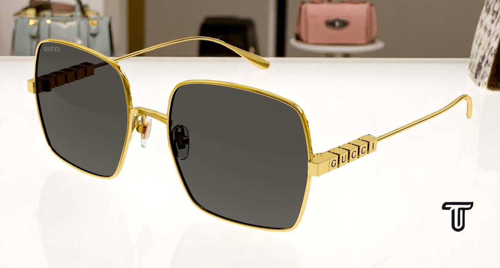 GUCCI GG1434S 001 Institutional Logo Gold Grey 57 mm Women\'s Sunglasses