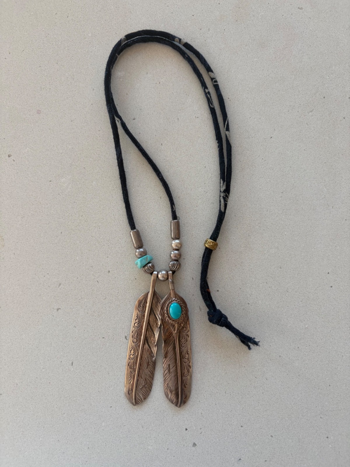 Taro Washimi 2 Feather Pendant Set Silver Necklace Turquoise Guarantee Card