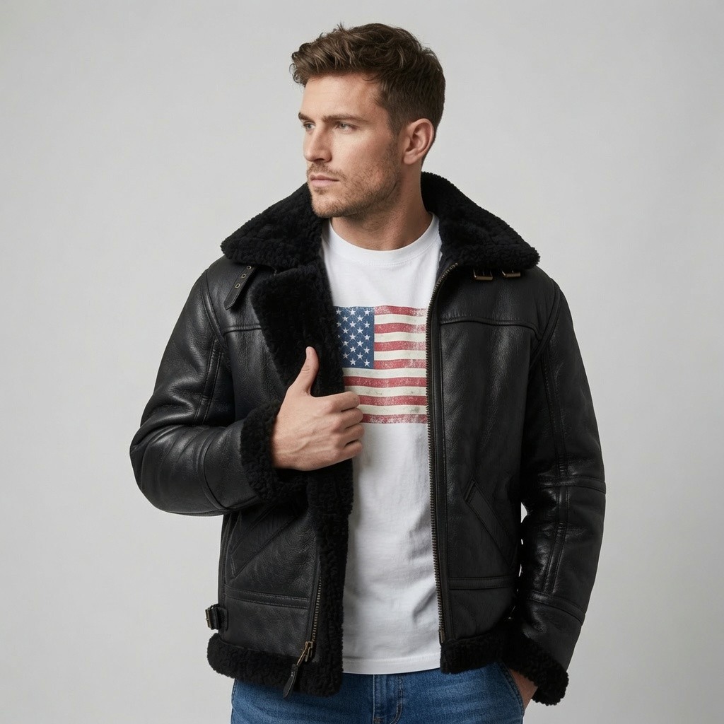 Mens B3 Black Bomber Real Shearling Sheepskin Aviator Flight Leather Jacket USA