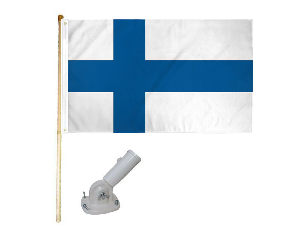 5\' Wood Flag Pole Kit W/ Nylon White Bracket 3x5 Finland Country Polyester Flag